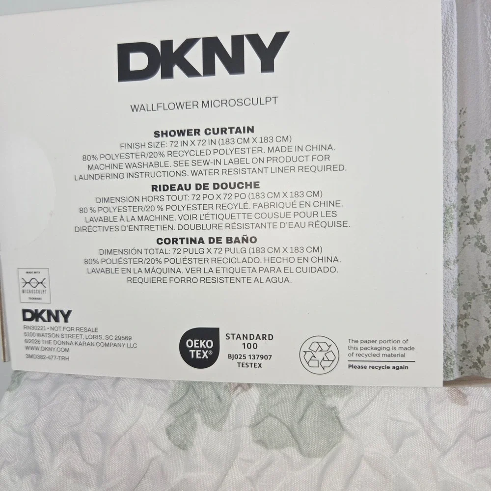 DKNY Wallflower Microsculpt Shower Curtain White Green Floral 72x72 NEW